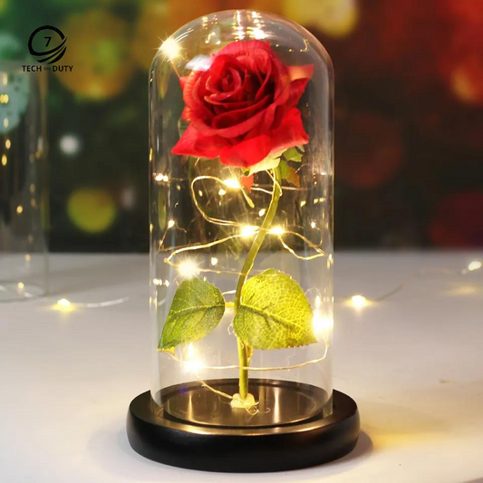 Enchanted Beauty And The Beast Rose Flower with Black Base LED Light In Glass
